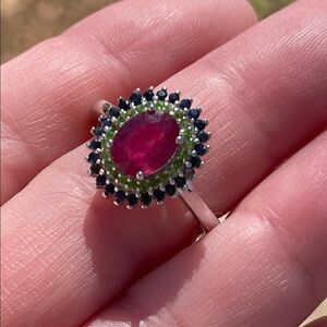 NaturalRuby, Tsavorite & Sapphire Gemstones Ring in 925 Sterling Silver Size 7